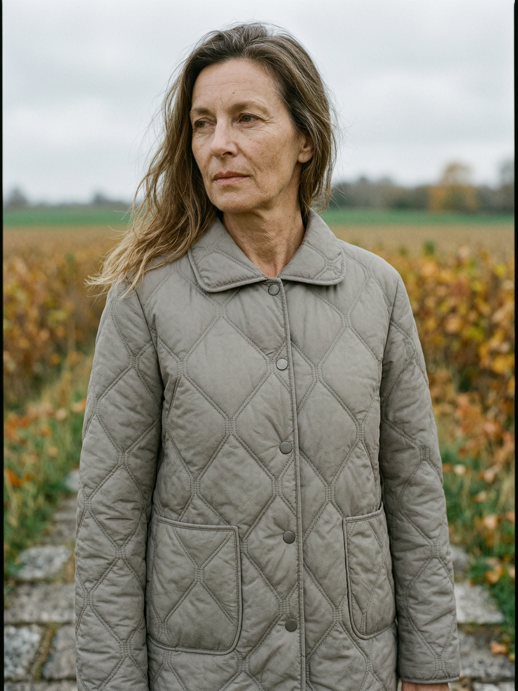 Diamond-Quilted Lapel Jacket with Flap Pockets - Stone Grey