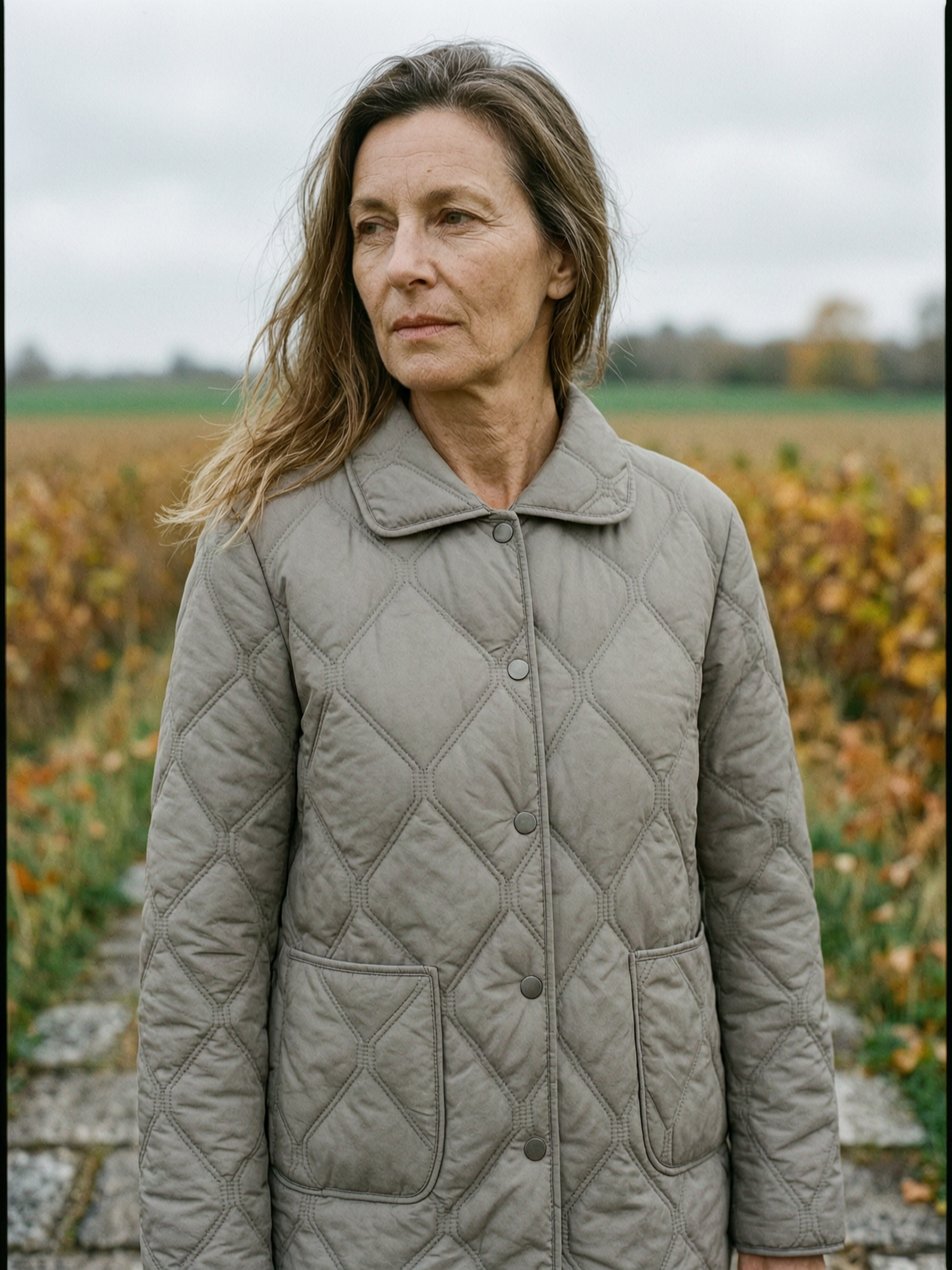 Diamond-Quilted Lapel Jacket with Flap Pockets - Stone Grey
