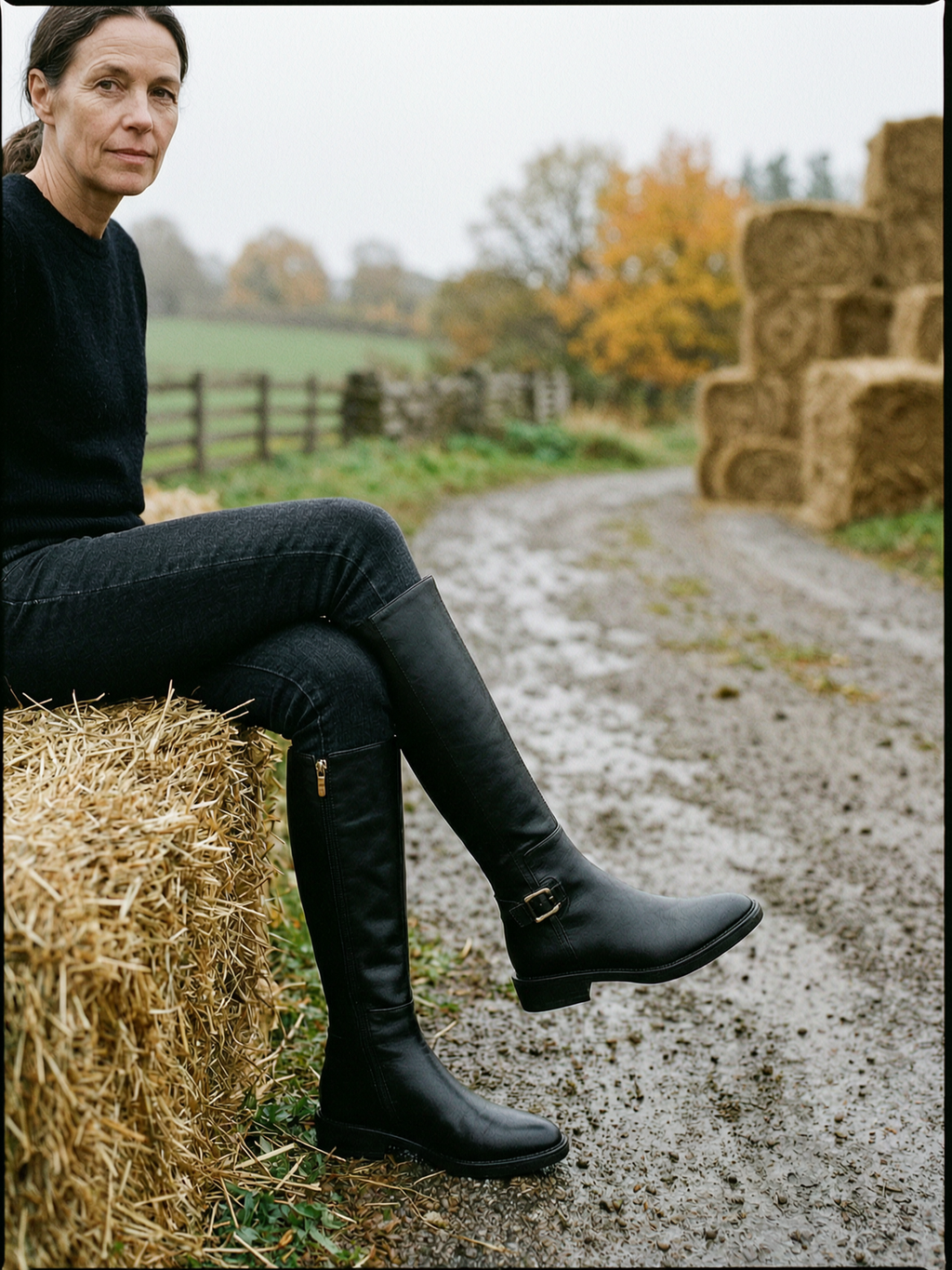 Women's Buckle-Strap Knee-High Riding Boots — Classic Countryside Boots - Black - Back View