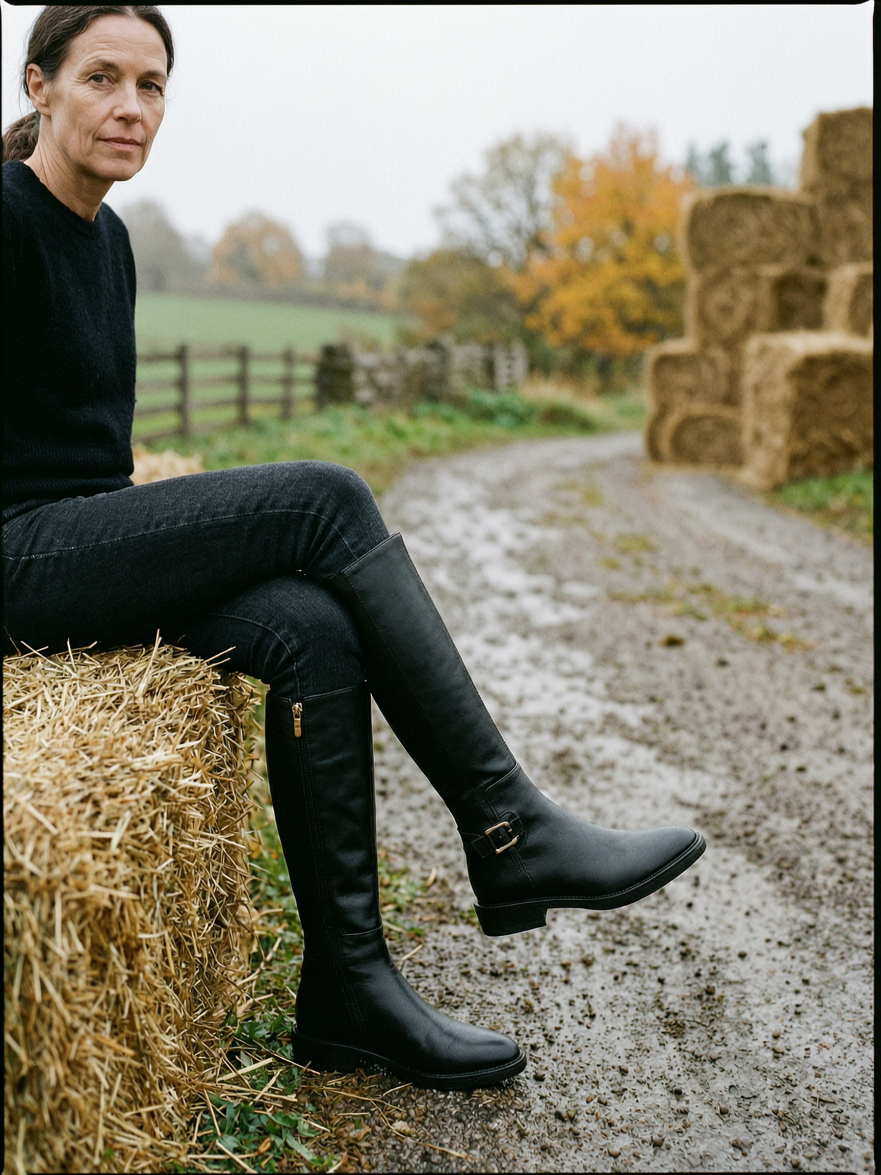 Women's Buckle-Strap Knee-High Riding Boots — Classic Countryside Boots - Black - Back View