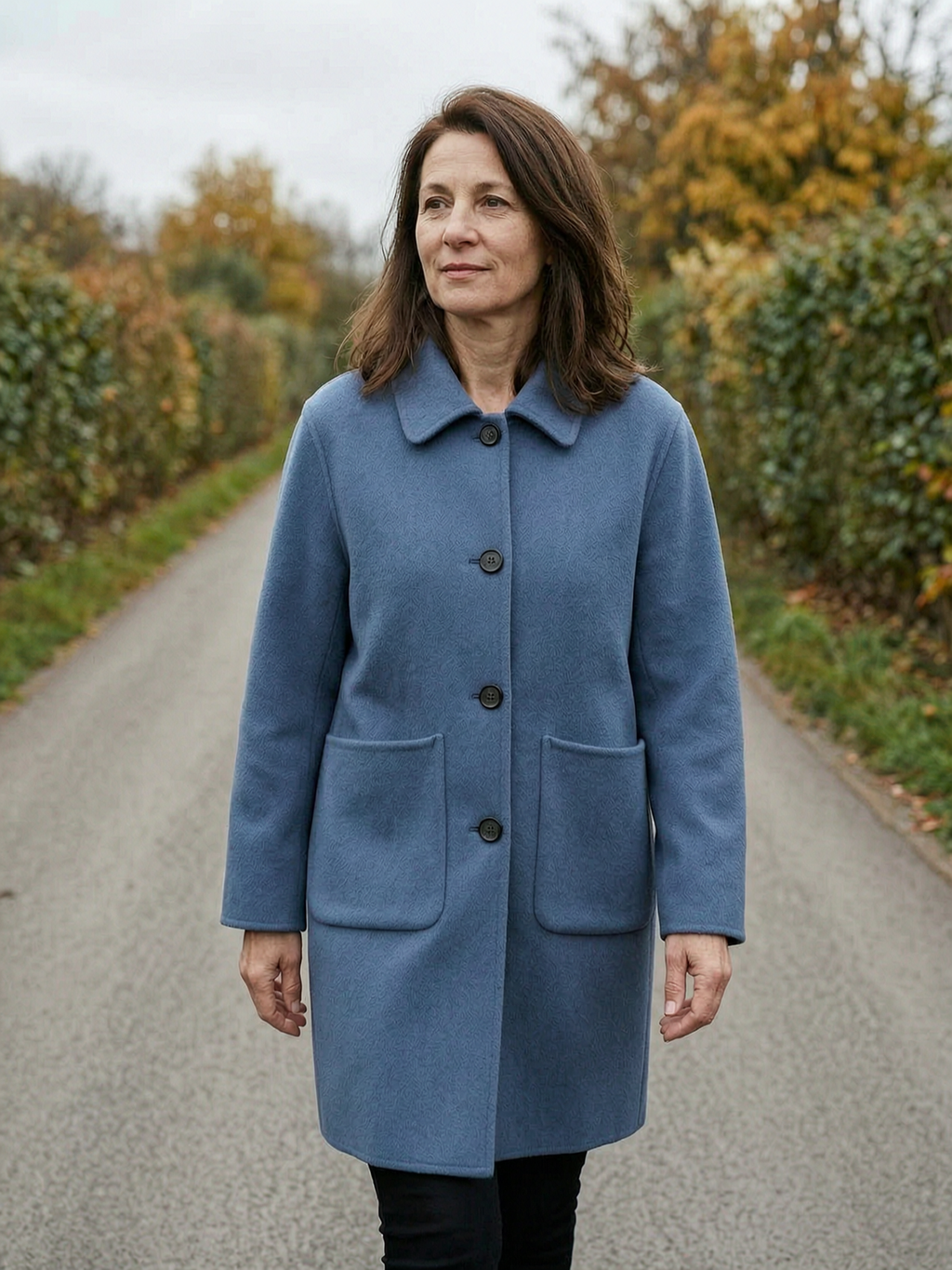 Women's Oversized Boxy Wool-Blend Coat — Mid-Length Patch Pocket Overcoat - Dusty Blue