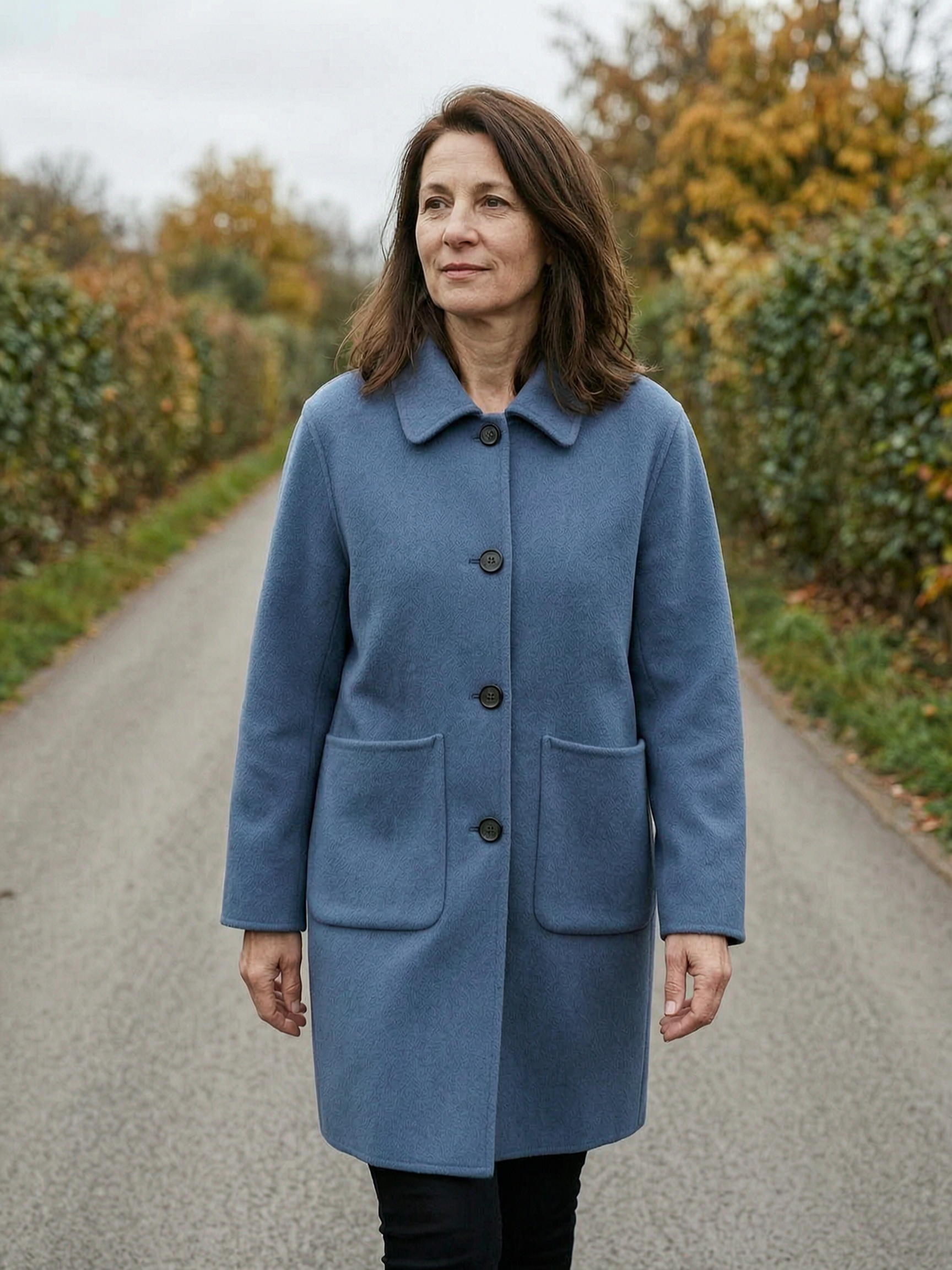 Women's Oversized Boxy Wool-Blend Coat — Mid-Length Patch Pocket Overcoat - Dusty Blue