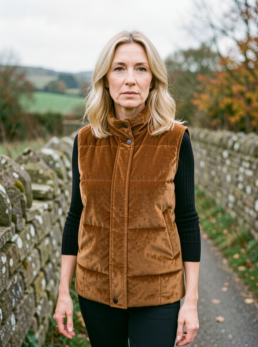 Women's Quilted Velvet Puffer Vest — Slim-Fit Short Warm Waistcoat - Caramel