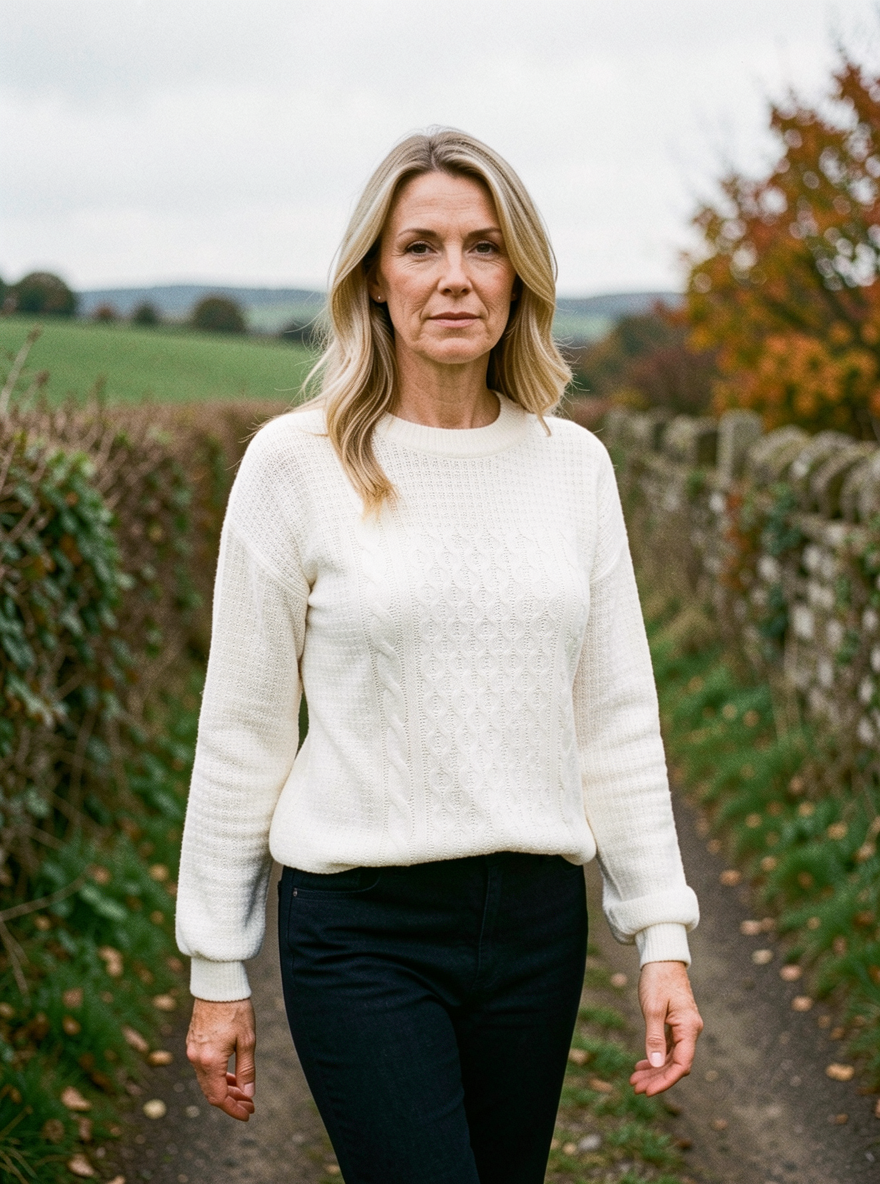 Women's Cable-Knit Lantern-Sleeve Jumper — Relaxed Fit - White