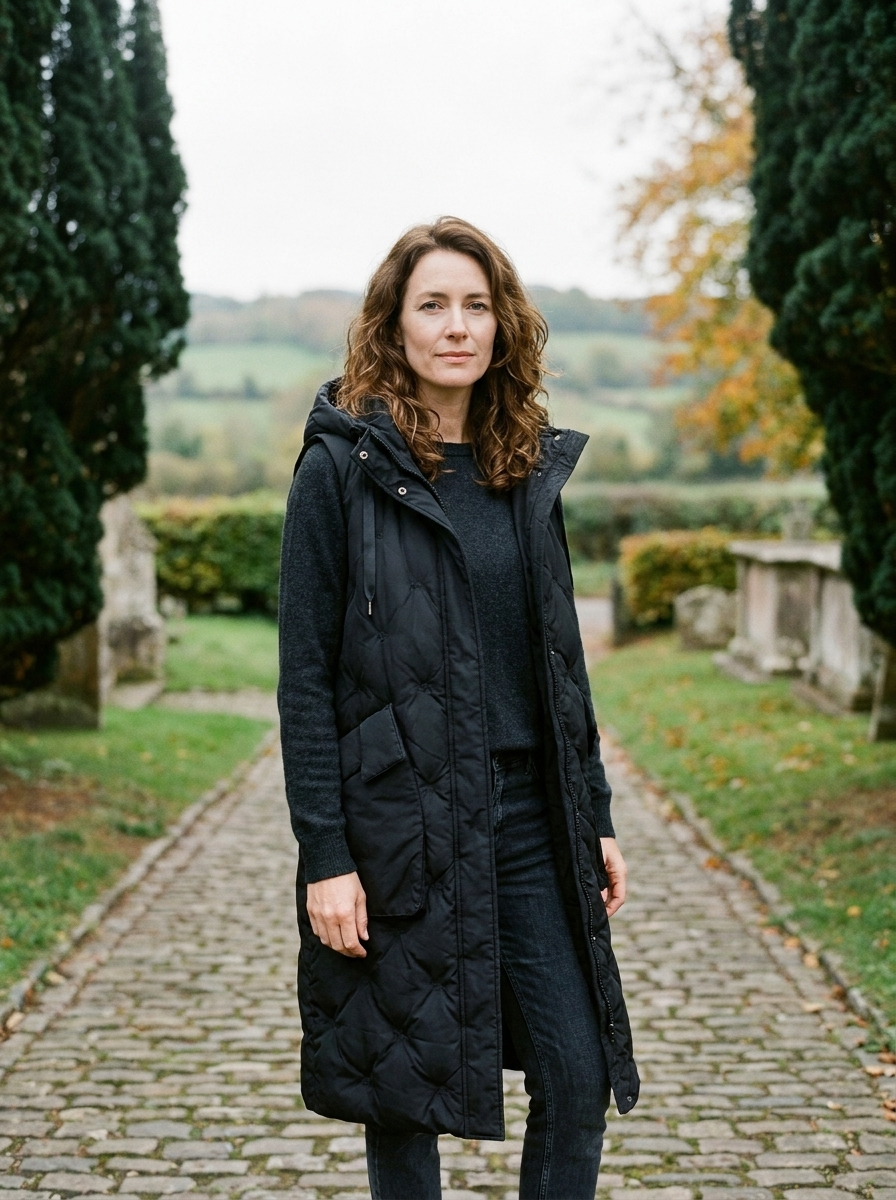 Women's Longline Hooded Quilted Gilet — Dramatic Floor-Length Vest - Black