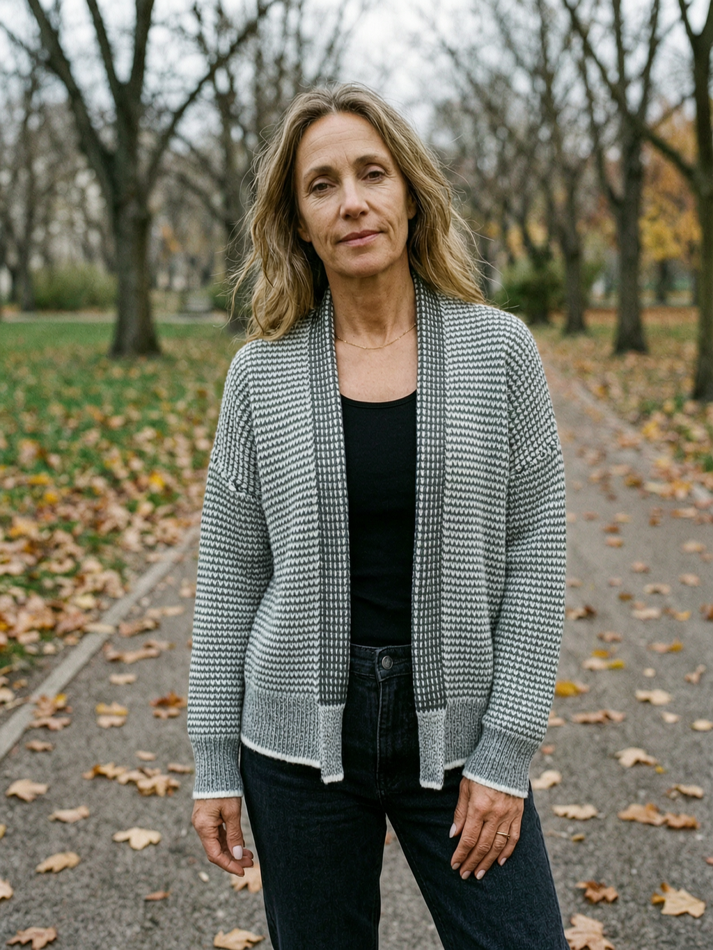 Women's Houndstooth Check Knit Cardigan — Open-Front Drop-Shoulder - Gray Check