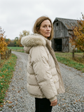Women's Hooded Faux-Fur Trim Puffer Parka — Warm Winter Cargo Pocket Coat - Beige