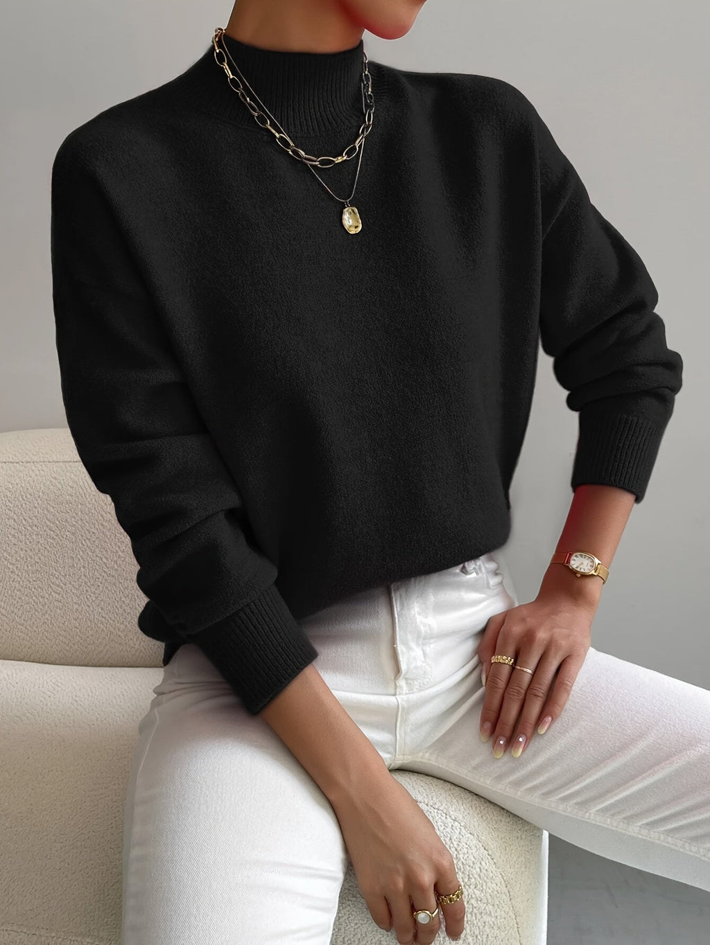 Women's Soft Knit Jumper with Stand-Up Collar and Relaxed Fit | E&W - 5 - Elenwear