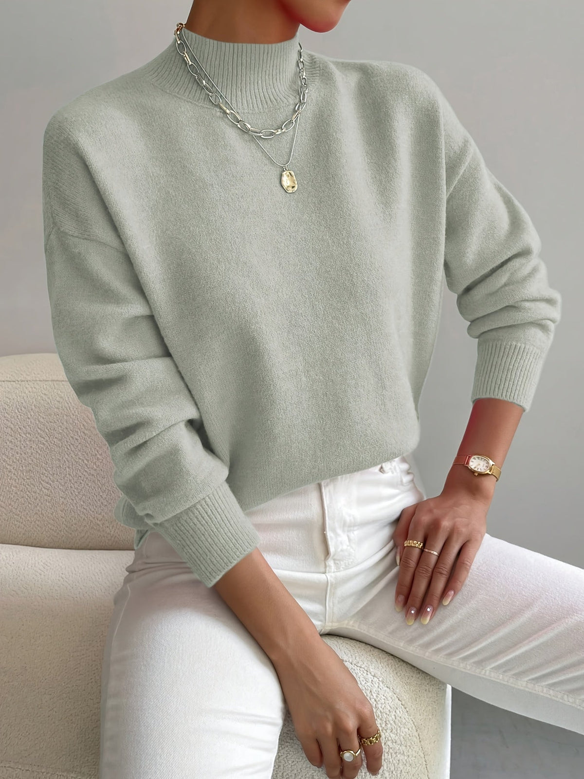 Women's Soft Knit Jumper with Stand-Up Collar and Relaxed Fit | E&W - 2 - Elenwear