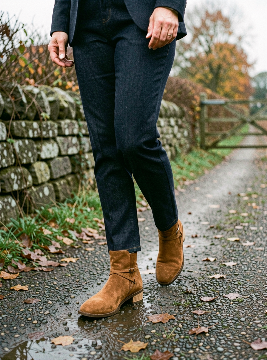 Women's Cross-Strap Chelsea Ankle Boots — Mid Heel - Camel