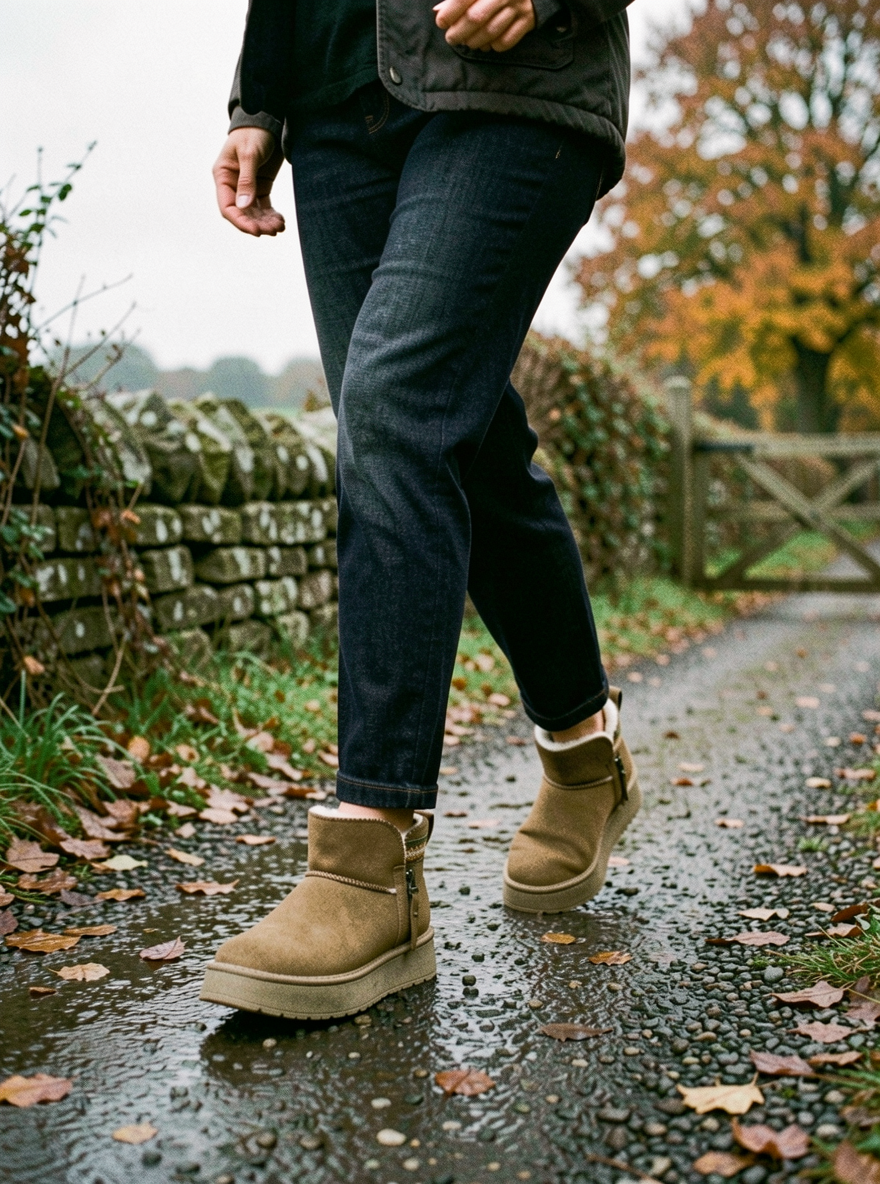 Women's Wool-Lined Suede Snow Boots — Platform Sole - Khaki