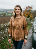 Batwing Suede-Fleece Tassel Top - Khaki