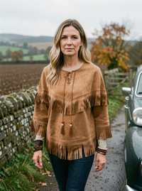 Batwing Suede-Fleece Tassel Top - Khaki
