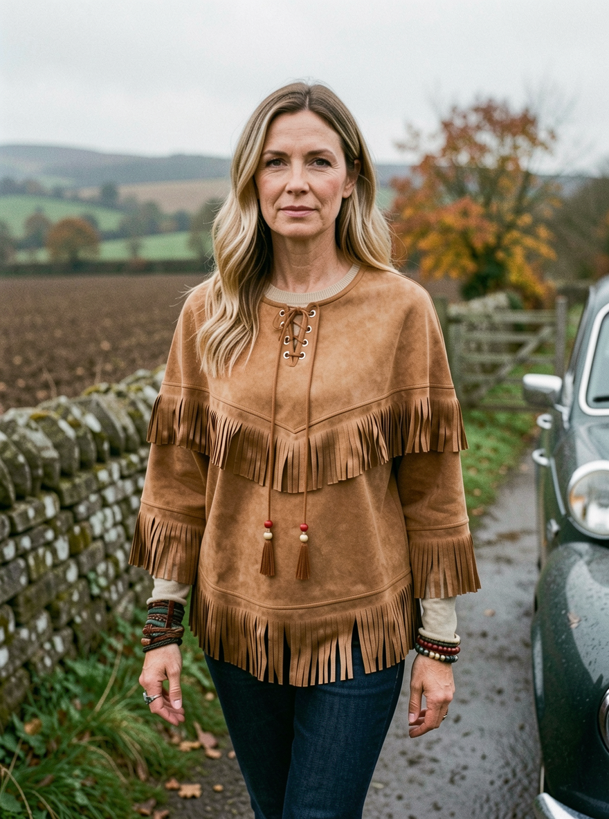 Batwing Suede-Fleece Tassel Top - Khaki
