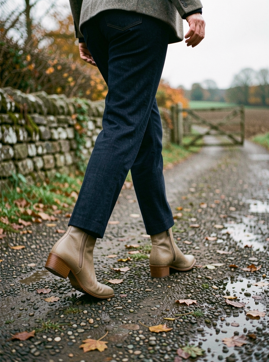 Women's Pointed-Toe Ankle Boots — Mid Heel, British Style - Beige