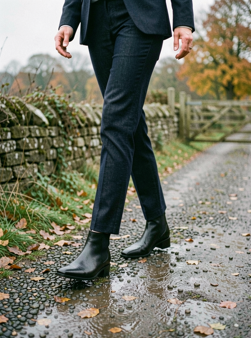 Women's Pointed-Toe Ankle Boots — Mid Heel, British Style - Black
