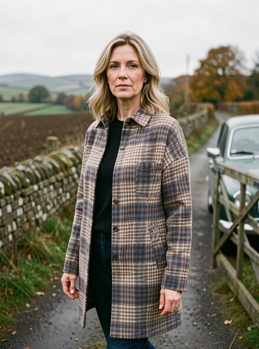 Houndstooth Plaid Shirt Jacket - Beige Houndstooth Plaid