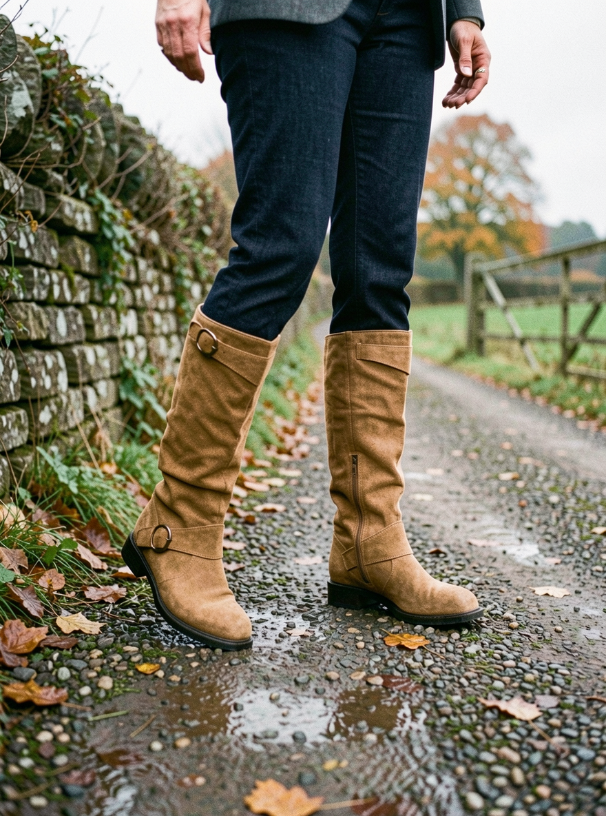 Women's Western-Style Suede Boots — Block Heel, Belt Buckle - Khaki
