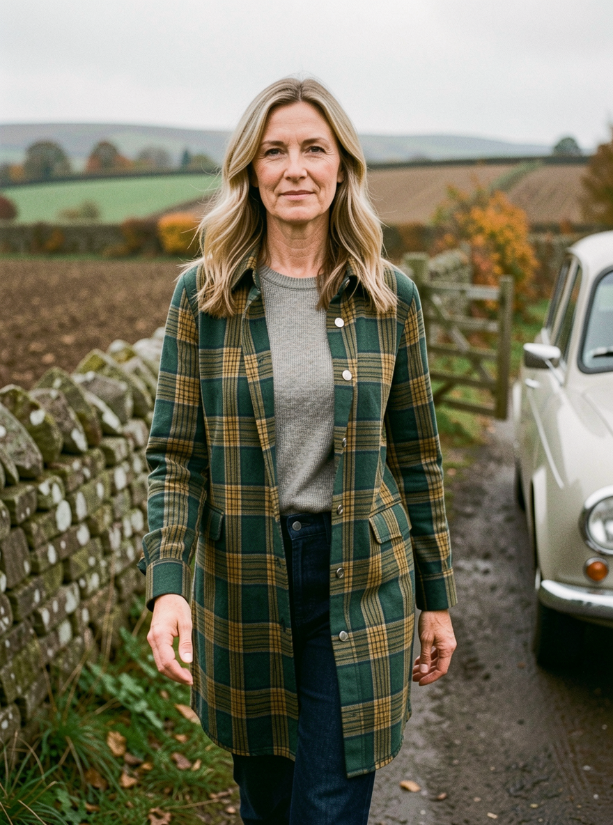 Teal Mustard Plaid Longline Shirt Jacket - Teal Mustard Plaid