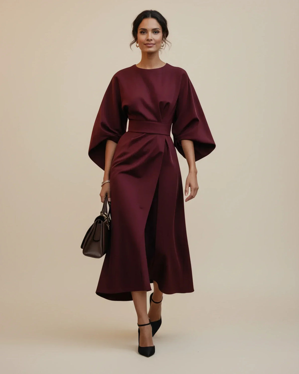 Maxi Dress Women's Elegant Draped Design with Statement Sleeves | E&W - 20 - Elenwear