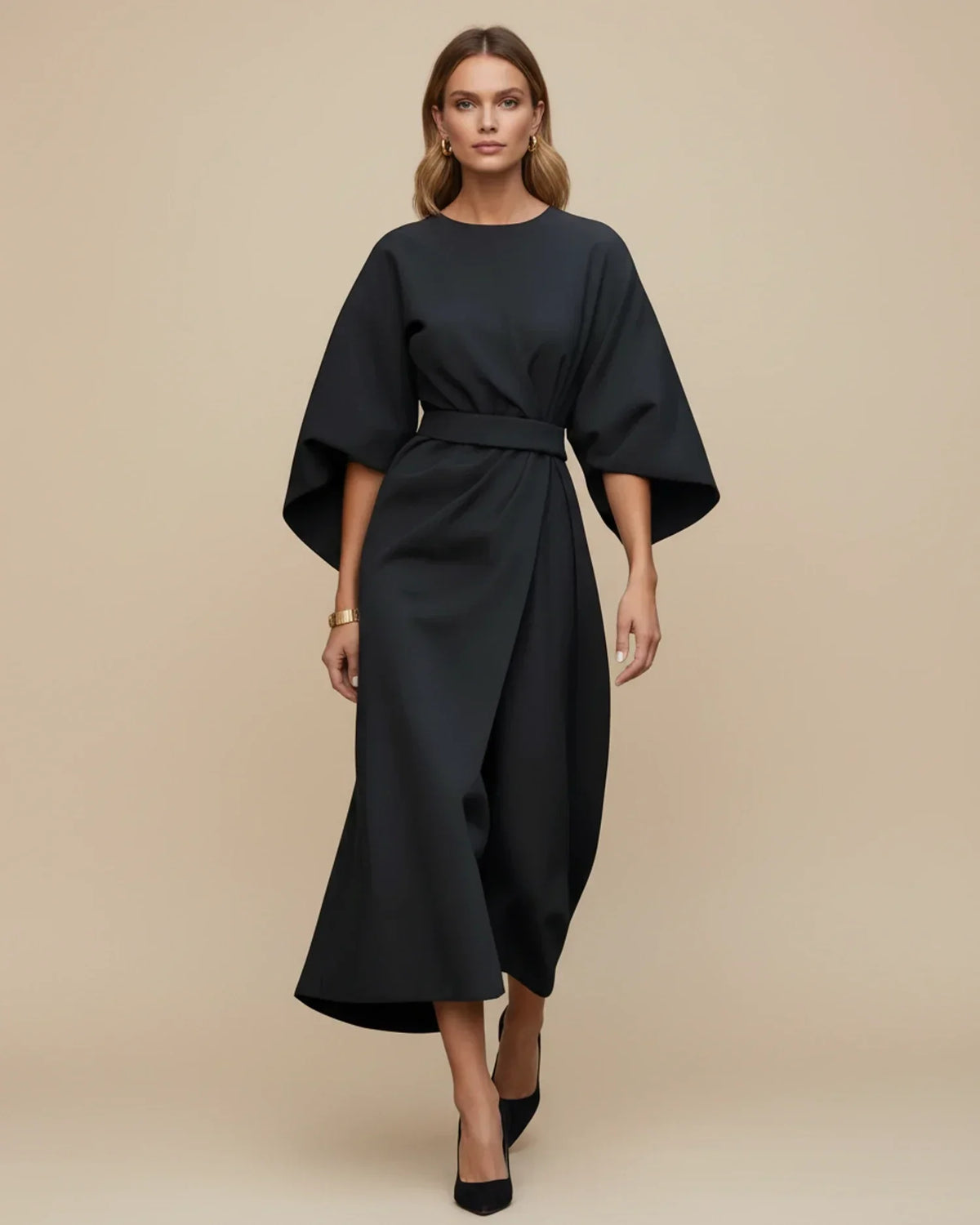 Maxi Dress Women's Elegant Draped Design with Statement Sleeves | E&W - 8 - Elenwear